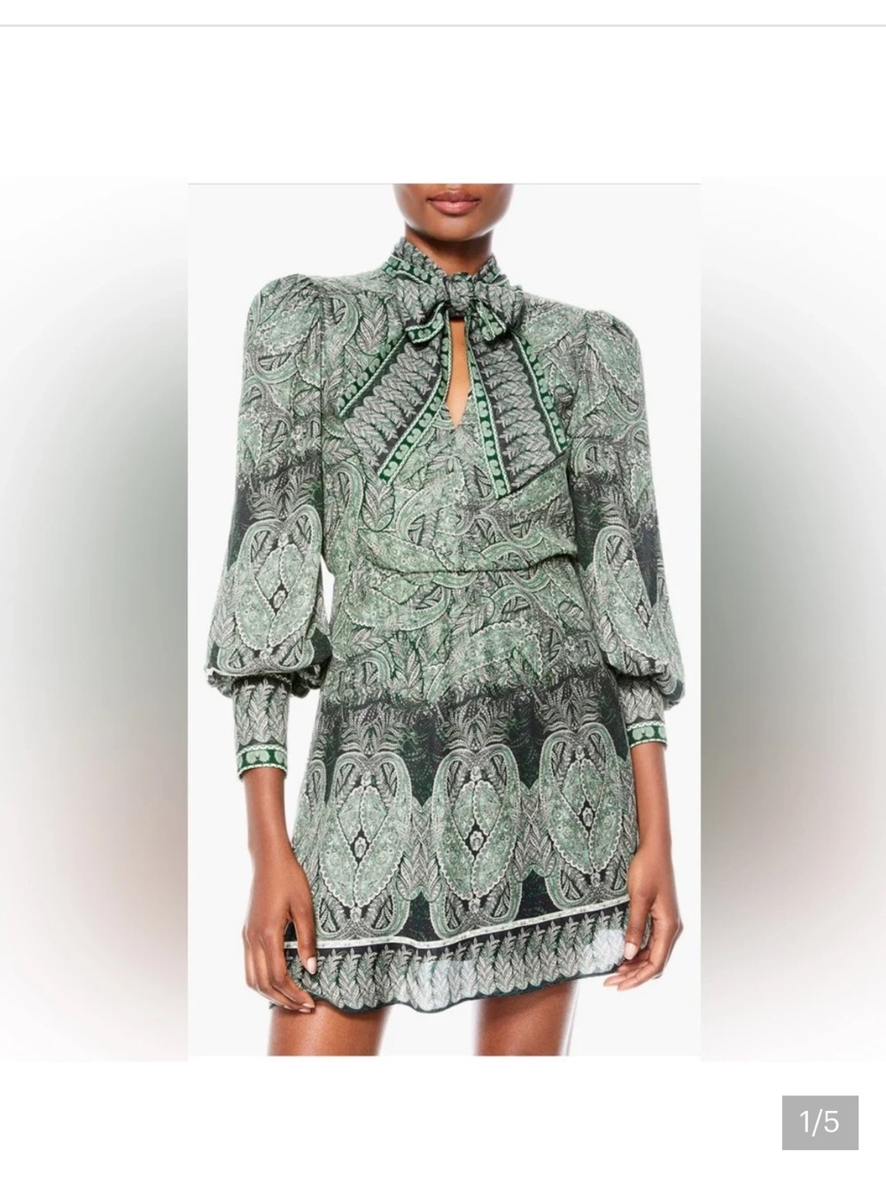 Alice & Olivia Tanisha long sleeve tie neck mini dress green paisley sz 14 - Picture 7 of 16